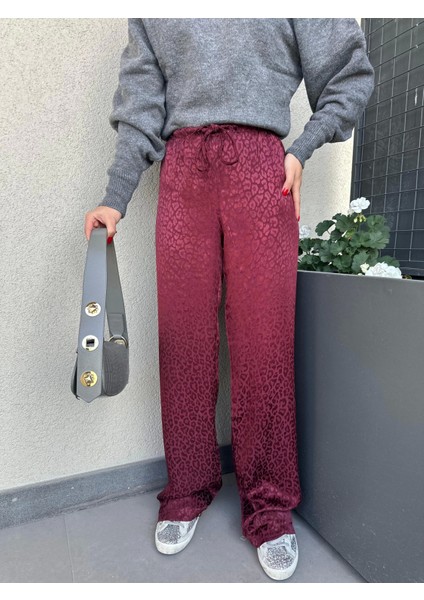 Kadın Jakarlı Geniş Paça Pantolon Bordo