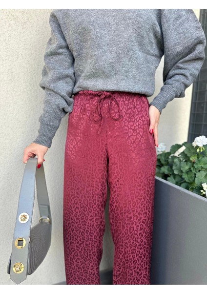 Kadın Jakarlı Geniş Paça Pantolon Bordo