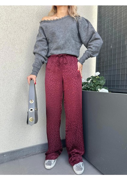 Kadın Jakarlı Geniş Paça Pantolon Bordo