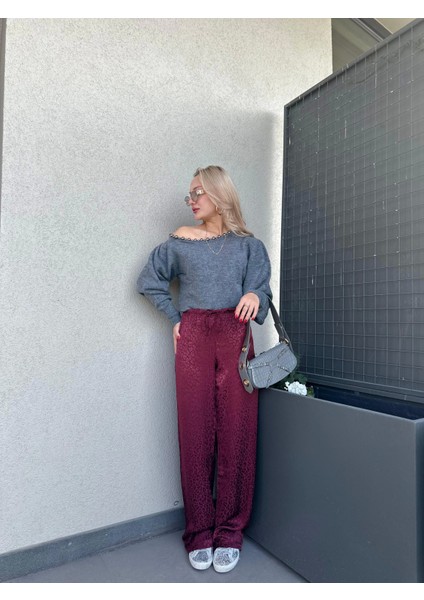 Kadın Jakarlı Geniş Paça Pantolon Bordo