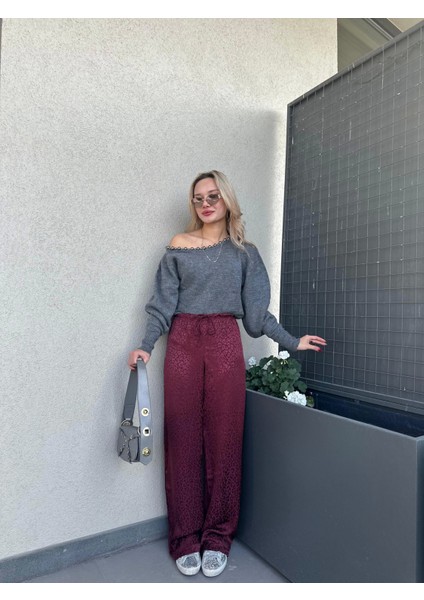 Kadın Jakarlı Geniş Paça Pantolon Bordo