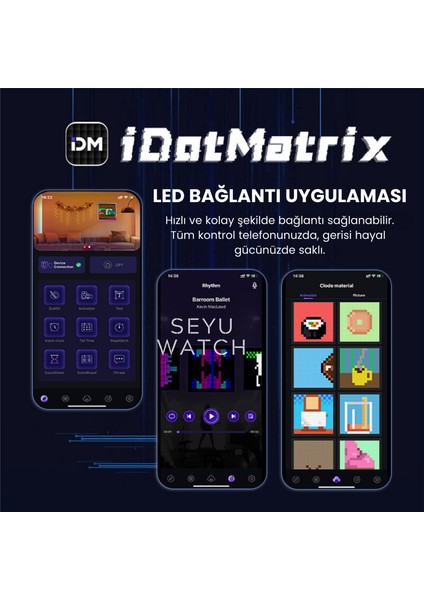 LED Pi x el 3+1 Tablo Dijital Ekran Yazı ve Animasyon Eklenebilen Telefon Kontrollü 16*16 LED