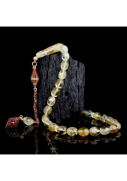 Kırmızı Zirkon Taşlı Gümüş Püsküllü Fosilli Damla Kehribar Tesbih