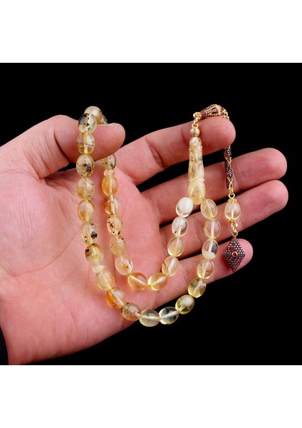 Kırmızı Zirkon Taşlı Gümüş Püsküllü Fosilli Damla Kehribar Tesbih modelleri