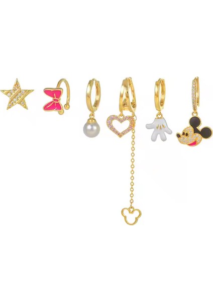 Mickey Fare Detaylı Zirkon Taşlı Kadın Küpe Seti 6'lı Paket