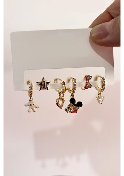Mickey Fare Detaylı Zirkon Taşlı Kadın Küpe Seti 6'lı Paket fiyatları