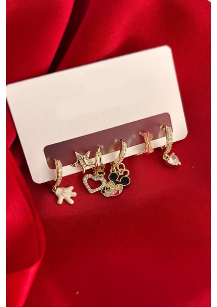 Mickey Fare Detaylı Zirkon Taşlı Kadın Küpe Seti 6'lı Paket modelleri