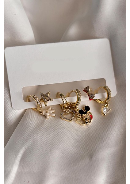 Mickey Fare Detaylı Zirkon Taşlı Kadın Küpe Seti 6'lı Paket fırsatları