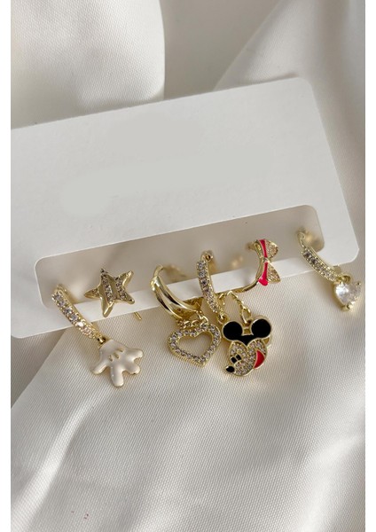 Mickey Fare Detaylı Zirkon Taşlı Kadın Küpe Seti 6'lı Paket indirimleri