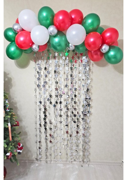 Yılbaşı Balon Zinciri Paketi Gümüş Yıldızlı Arka Fonlu Yılbaşı Balon Süsleme Seti