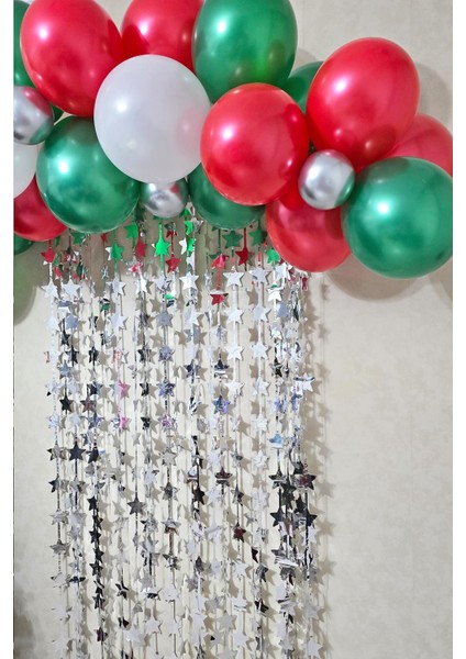 Yılbaşı Balon Zinciri Paketi Gümüş Yıldızlı Arka Fonlu Yılbaşı Balon Süsleme Seti modelleri