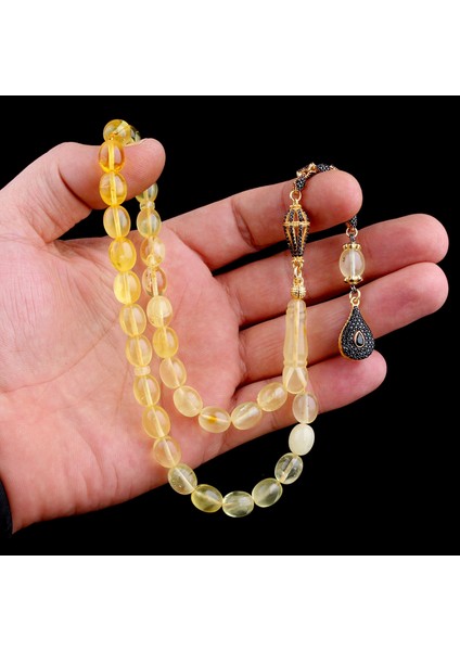 Siyah Zirkon Taşlı Gümüş Püsküllü Fosilli Damla Kehribar Tesbih modelleri