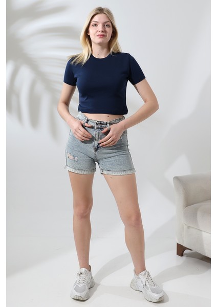 Pamuklu Kompakt Penye Ribana Bisiklet Yaka Crop T-Shirt 21560 Lacivert