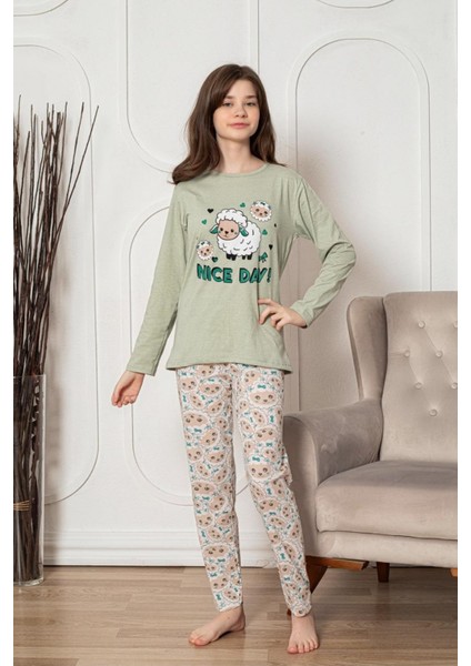 Faryakids Pamuklu Uzun Kollu Desenli Kız Çocuk Pijama Takımı