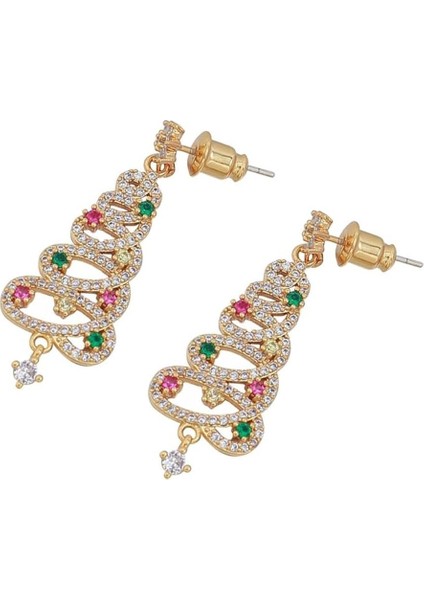 Yılbaşı Pırlanta Montörlü Parlak Taşlı Altın Kaplama Ağaç Küpe