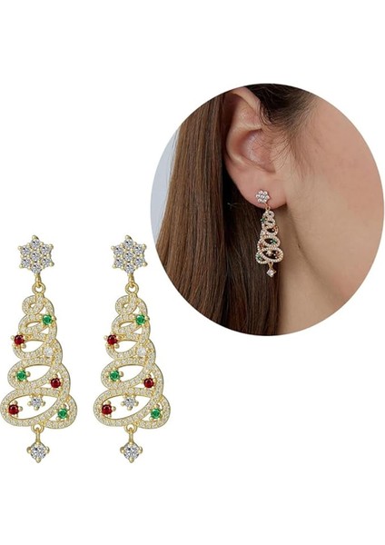 Yılbaşı Pırlanta Montörlü Parlak Taşlı Altın Kaplama Ağaç Küpe modelleri