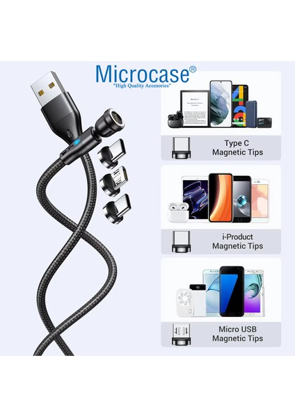 Universal 5A 540 Derece Döner Başlıklı Hızlı Manyetik LED Işıklı Şarj Kablosu Ios Lightning AL4772