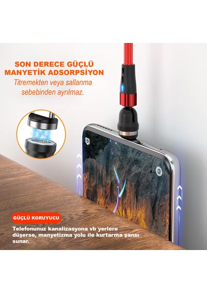 Universal 5A 540 Derece Döner Başlıklı Hızlı Manyetik LED Işıklı Şarj Kablosu Ios Lightning AL4772