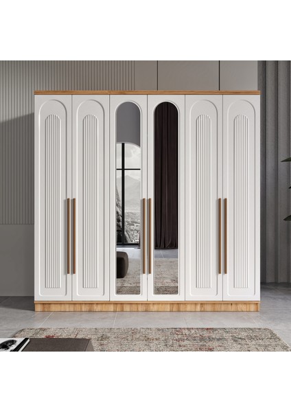 Ücretsiz Montaj - %100 MDF Flora 6 Kapaklı Aynalı Atlantik Çam Beyaz Gardırop - MDF Dolap - Elbise Dolabı fiyatları