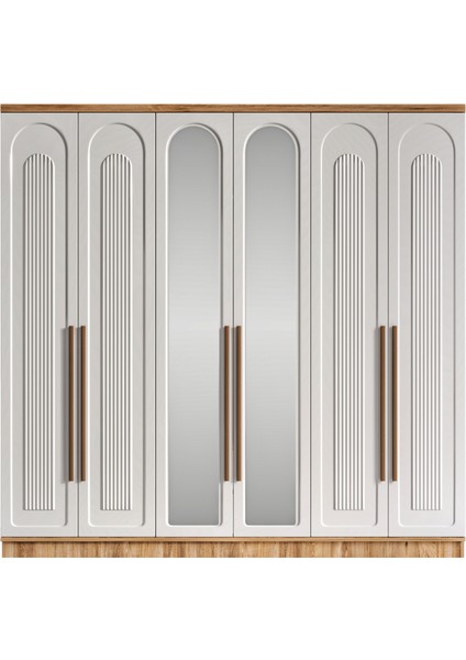 Ücretsiz Montaj - %100 MDF Flora 6 Kapaklı Aynalı Atlantik Çam Beyaz Gardırop - MDF Dolap - Elbise Dolabı modelleri