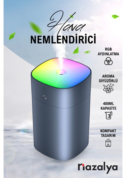 400 ml Gri Ultrasonik Hava Nemlendirici Buhar Makinesi ve Aroma Difüzörü