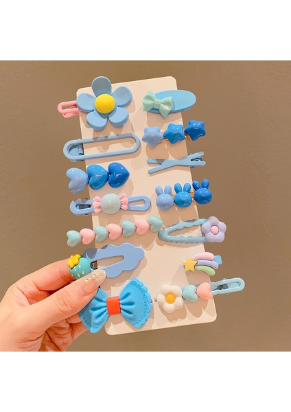 Kız Çocukları Için Saç Tokası ve Saç Aksesuarları, Dekoratif Çocuk Tokaları, Mavi 14 Parçalı Set (Yurt Dışından)