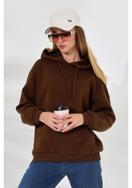 Şardonlu Kapüşonlu Oversize Sweatshirt 21615 Kahve