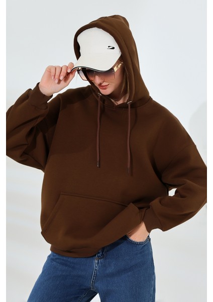 Şardonlu Kapüşonlu Oversize Sweatshirt 21615 Kahve fiyatları