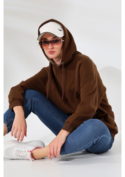 Şardonlu Kapüşonlu Oversize Sweatshirt 21615 Kahve modelleri