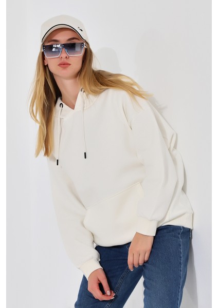 Şardonlu Kapüşonlu Oversize Sweatshirt 21615 Ekru fiyatları