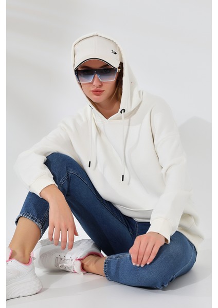 Şardonlu Kapüşonlu Oversize Sweatshirt 21615 Ekru modelleri
