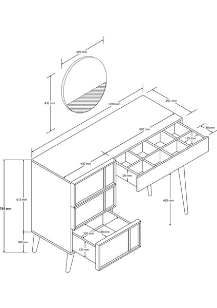 Rose Aynalı (Ahşap Ayaklı)MDF PROFİL ÇERÇEVELİ 4 Çekmeceli 120  cm  Makyaj Masası