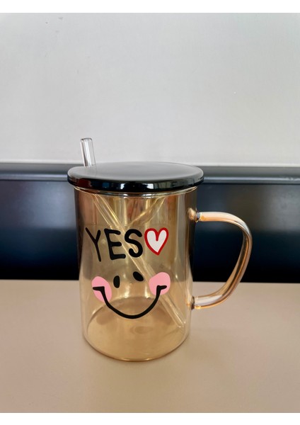 Porselen Kapaklı Cam Pipetli Cam Kupa - Bardak - Hediye - Love-Love-Good-Yes Figürlü