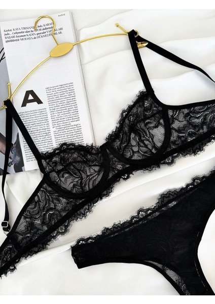 Dantel Balenli Kapsız Sütyen Tanga Siyah İç Çamaşırı Takımı