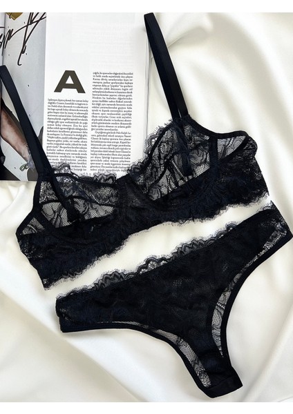 Dantel Balenli Kapsız Sütyen Tanga Siyah İç Çamaşırı Takımı