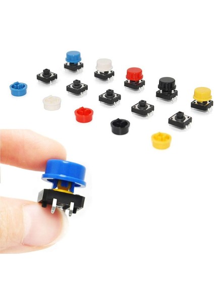 Kutulu 12X12MM 25 Adet Başlıklı Tact Buton Set 4 Pin 5 Renk Dokunmatik Anlık Basmalı Düğme
