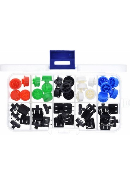 Kutulu 12X12MM 25 Adet Başlıklı Tact Buton Set 4 Pin 5 Renk Dokunmatik Anlık Basmalı Düğme