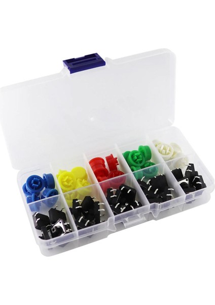 Kutulu 12X12MM 25 Adet Başlıklı Tact Buton Set 4 Pin 5 Renk Dokunmatik Anlık Basmalı Düğme