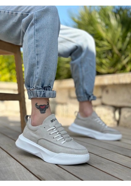 SBO0332 Merdiven Desen Bağcıklı Erkek Yüksek Taban Gri Süet Beyaz Taban Spor Ayakkabı