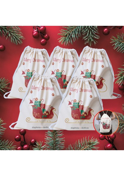 Noel Baba Kızak Tasarımlı, Baskılı Büyük Boy Büzgülü Dokuma Kese (5'li Set)