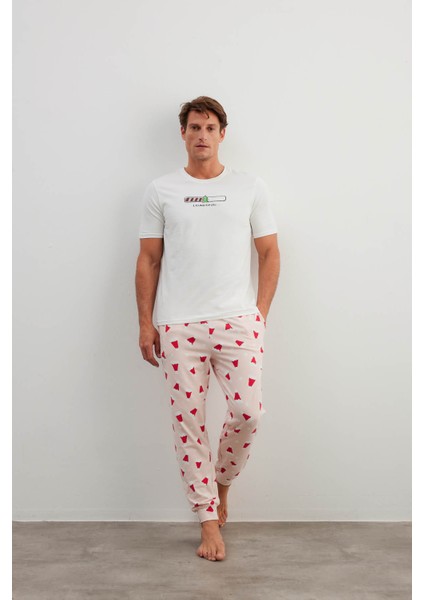 Erkek Pamuklu Kısa Kollu Uzun Pijama Takımı