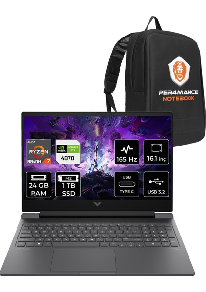 Victus 16 AMD Ryzen 7 8840H 24GB 1TB SSD RTX4070/8GB 16.1" FHD 165Hz FDOS Taşınabilir Bilgisayar & PER4 Çanta A05N6EAPN313