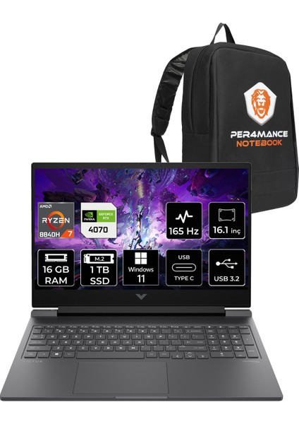 Victus 16 AMD Ryzen 7 8840H 16GB 1TB SSD RTX4070/8GB 16.1" FHD 165Hz W11H Taşınabilir Bilgisayar & PER4 Çanta A05N6EAPN348