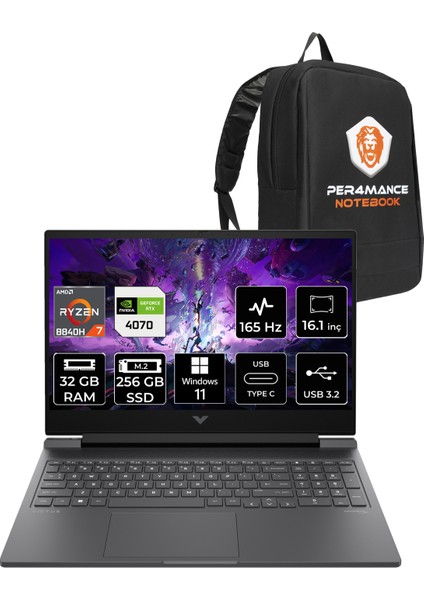 Victus 16 AMD Ryzen 7 8840H 32GB 256GB SSD RTX4070/8GB 16.1" FHD 165Hz W11H Taşınabilir Bilgisayar & PER4 Çanta A05N6EAPN356