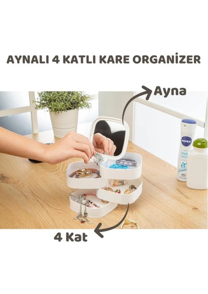 Aynalı 4 Katlı Kare Organizer (Beyaz) fiyatları