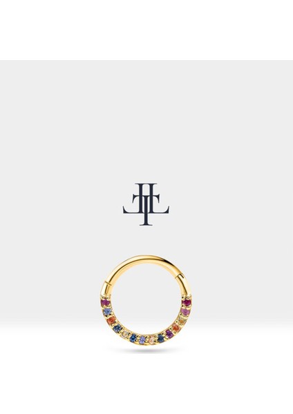 Dizi Renkli Safirli Halka Piercing, 10-12 mm , 1.2 Mm, 14K Sarı-Beyaz-Kırmızı Altın | LC00002MS
