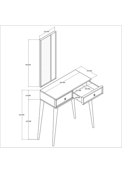 Luna (Ahşap Ayaklı) Mdf Profil Çerçeveli 2 Çekmeceli Aynalı Dresuar