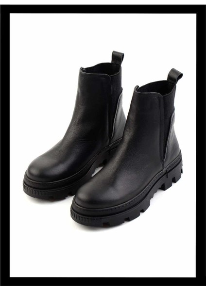 Siyah Deri Kadın Bot & Bootie K02179200603