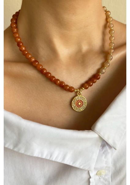 Burç Madalyon Uçlu Kristal Cam Boncuk Kolye - Turuncu