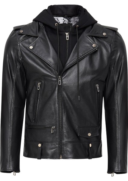 Butler Erkek Siyah Kapüşonlu Biker Deri Ceket 24WGF6527FT